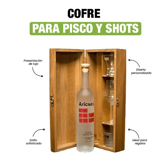 CAJA DE MADERA CON PISCO PERSONALIZADO 500ML Y 3 COPAS