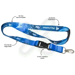 LANYARD CON TIP TOP PLANO NACIONAL O IMPORTADO MOSQUETON GIRATORIO CON PALANCA O ARNES PLATA Y BREAK AWAY 2CM